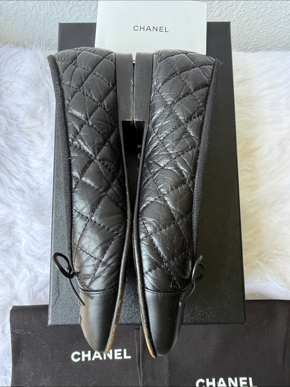 Authentic CHANEL Black Quilted Leather CC Cap-Toe Bow Ballet Flats - Picture 6 of 11
